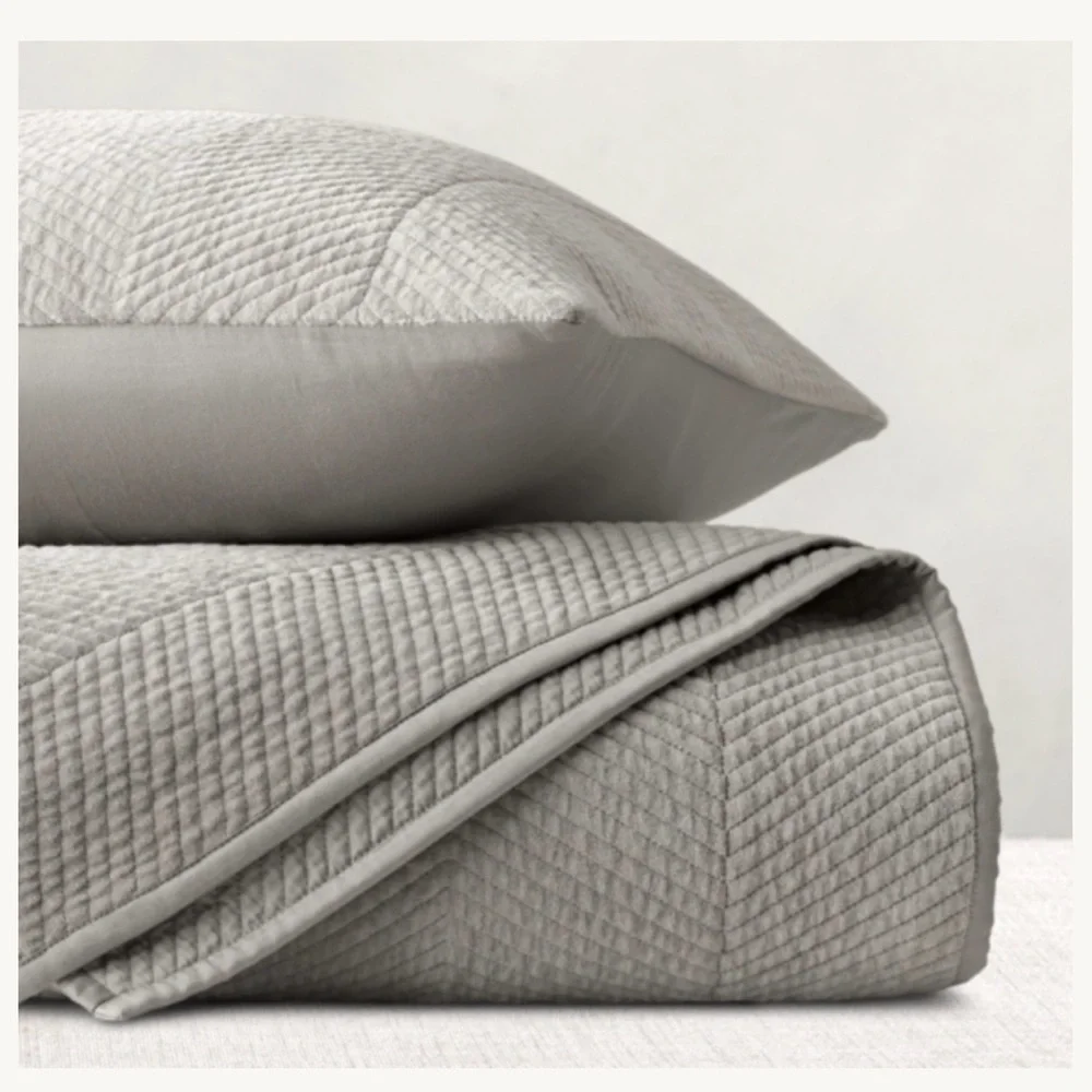 RH Restoration Hardware Velvet Chevron Stitch Coverlet King/CK RH Color Fog New